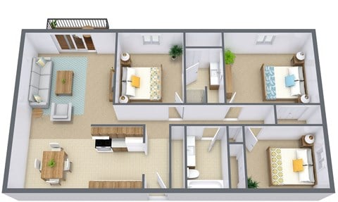 Floor plan for 3 beds, 1.5 baths, 1200 sqft